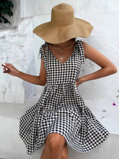Hazel Blues® |  Gingham Tie-Shoulder Tiered Mini Dress