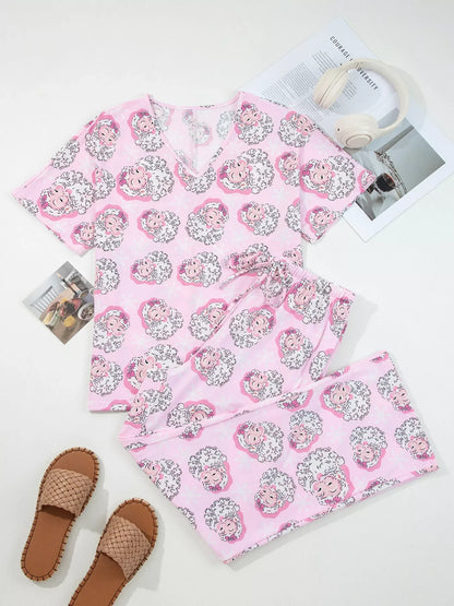 Hazel Blues® |  Santa Claus Print V Neck Tee Drawstring Pants 2pcs Lounge Set