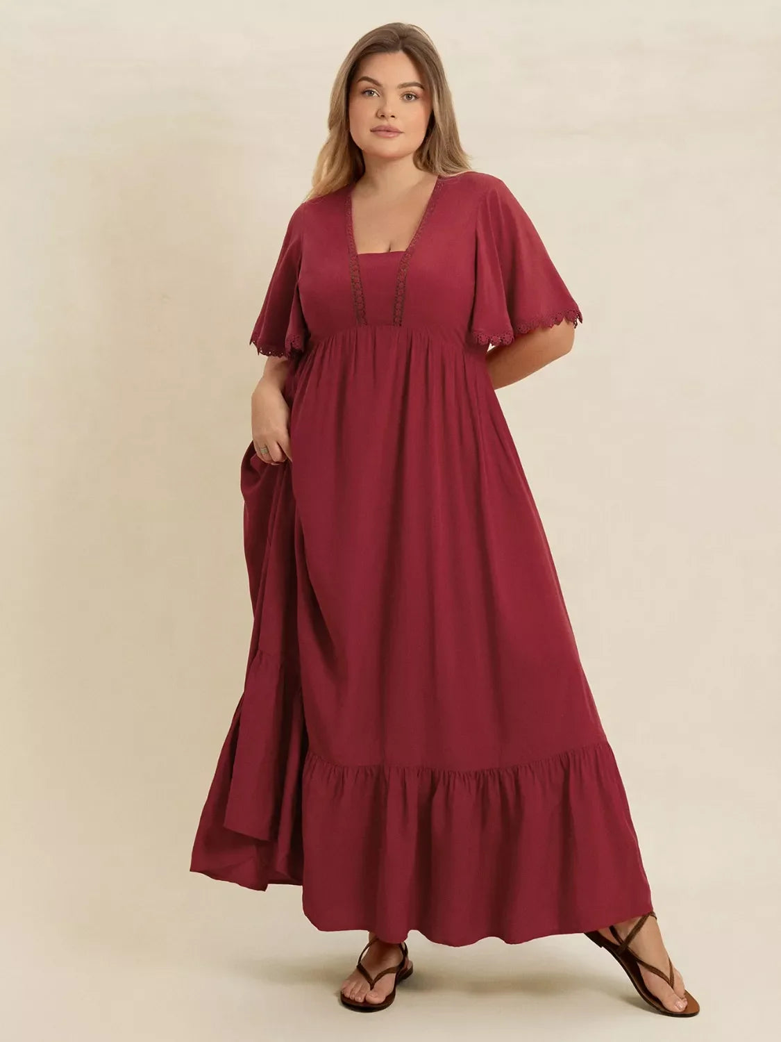 Hazel Blues® | Lace Detail Flutter Sleeve Maxi Dress