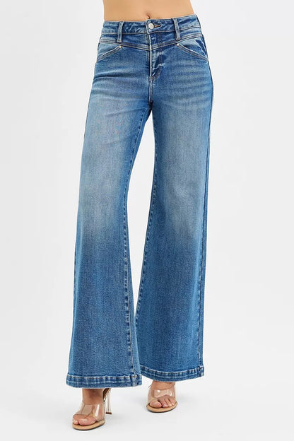 Hazel Blues® |  RISEN High Rise Wide Leg Jenas with Front Yoke and Heart Back Pocket