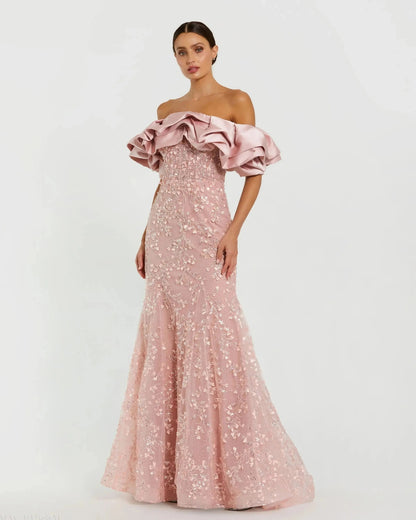 Pink Embellished Mermaid Gown With Off The Shoulder Ruffle