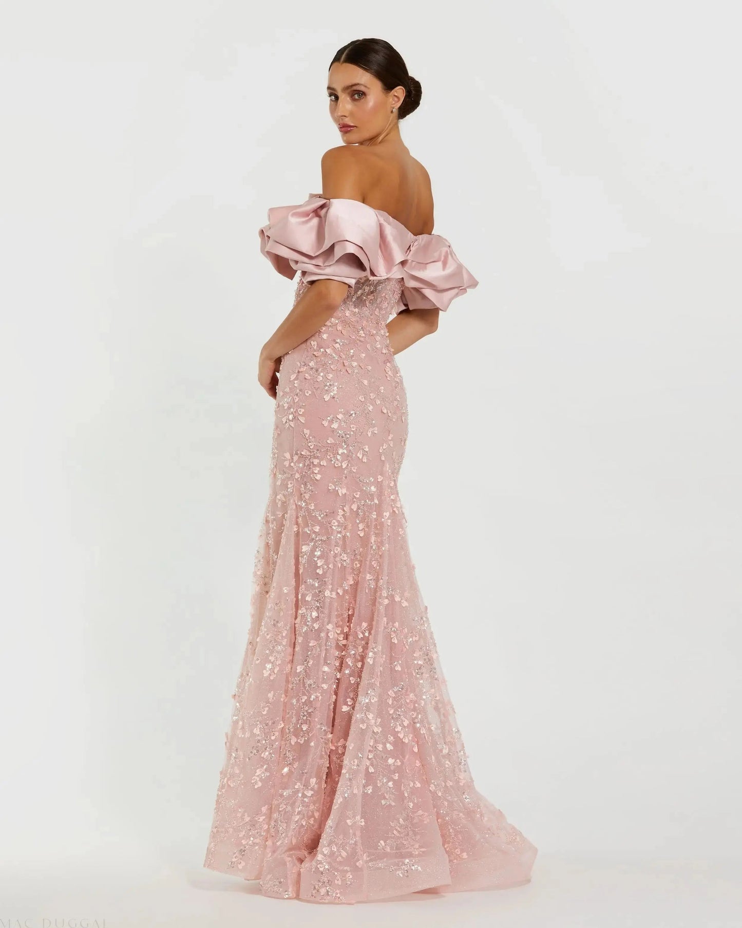 Pink Embellished Mermaid Gown With Off The Shoulder Ruffle