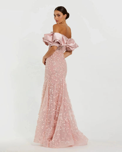Pink Embellished Mermaid Gown With Off The Shoulder Ruffle