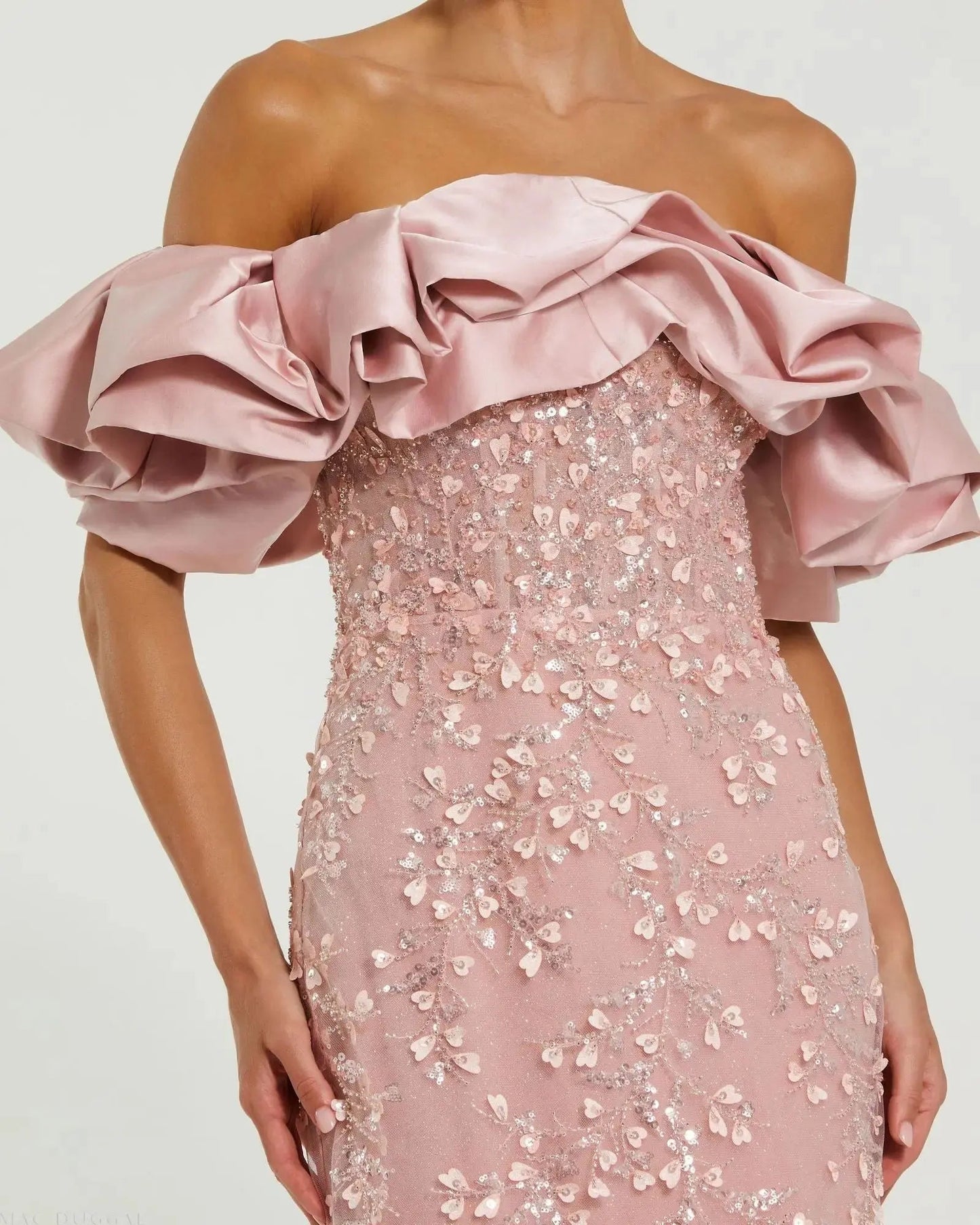 Pink Embellished Mermaid Gown With Off The Shoulder Ruffle