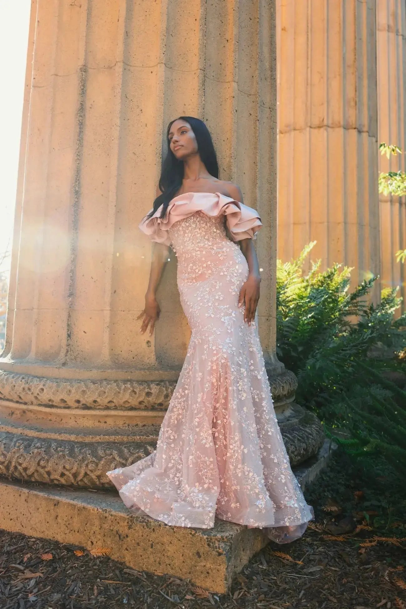 Pink Embellished Mermaid Gown With Off The Shoulder Ruffle