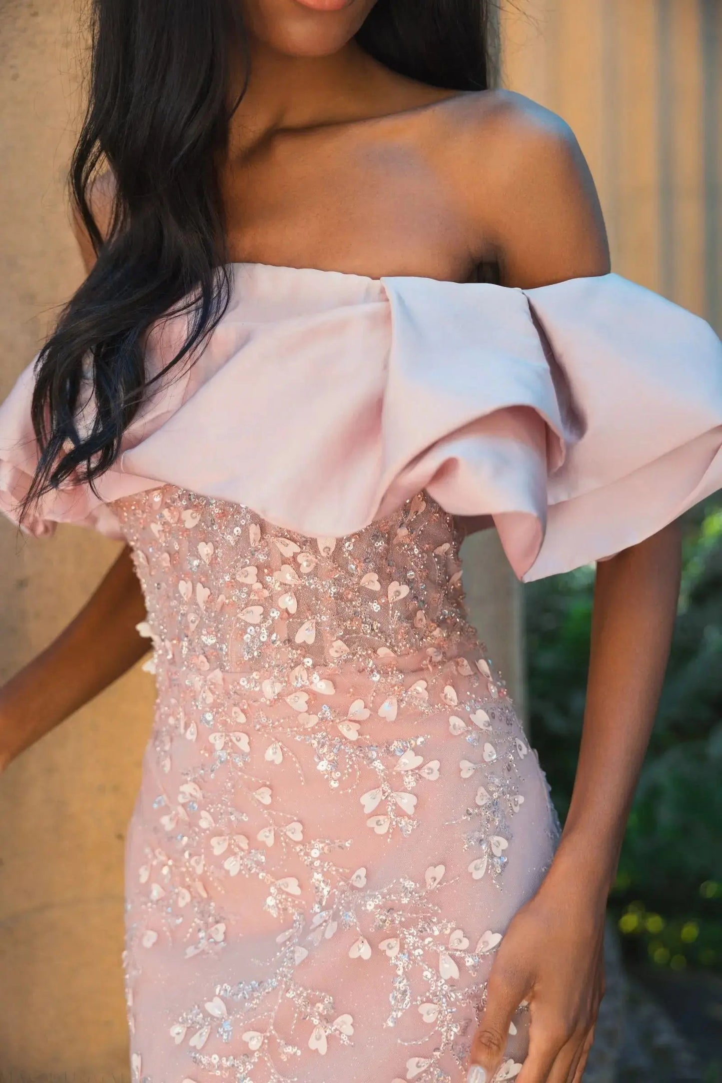 Pink Embellished Mermaid Gown With Off The Shoulder Ruffle