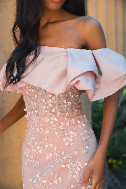 Pink Embellished Mermaid Gown With Off The Shoulder Ruffle