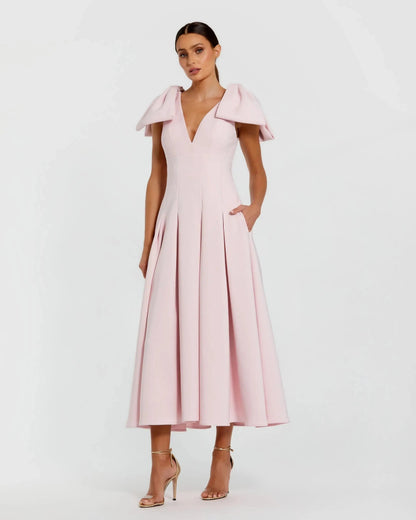 Pink Crepe A Line Midi Dress With Bow Straps