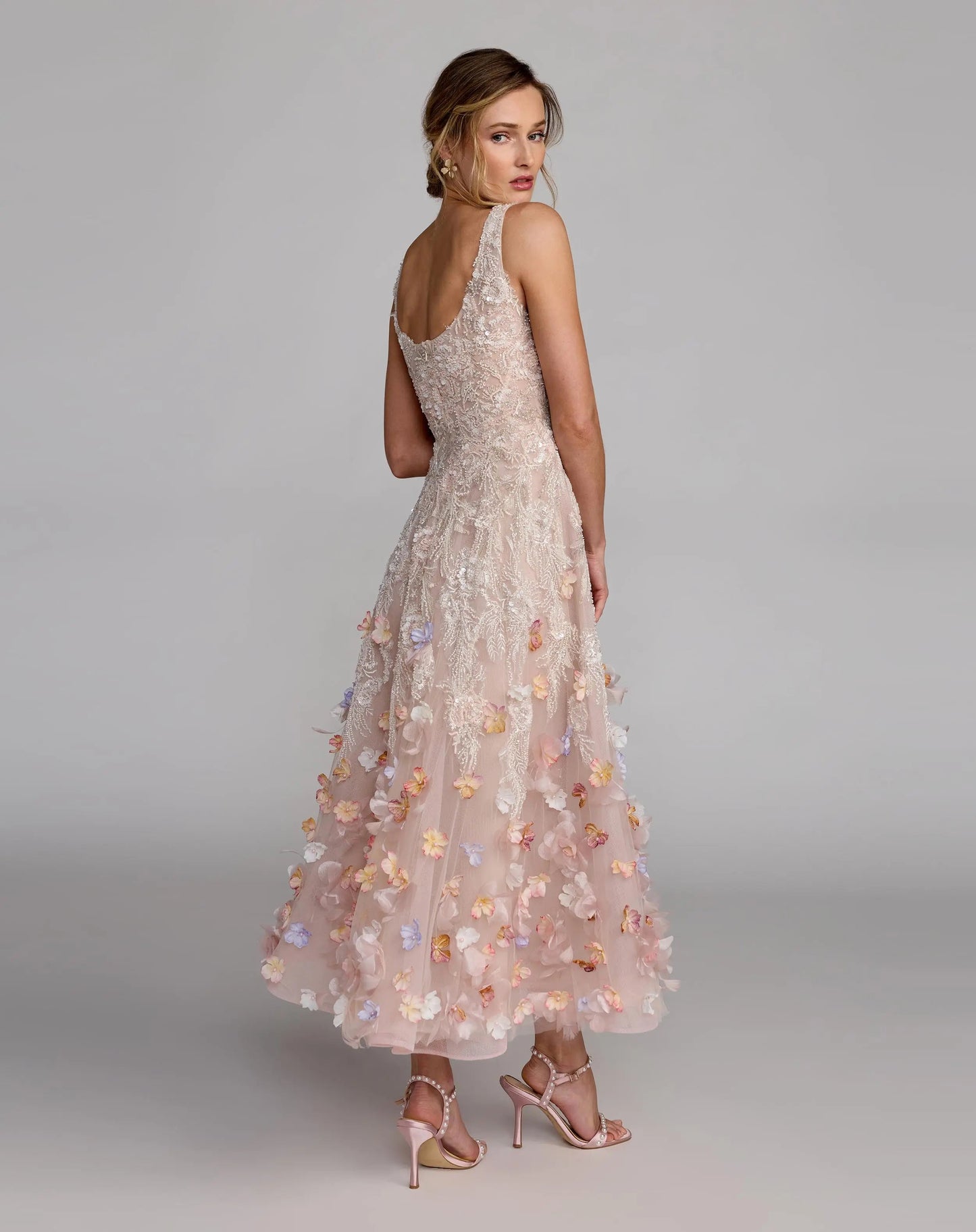 Pink Sleeveless Beaded Midi Dress With 3D Flowers