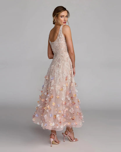 Pink Sleeveless Beaded Midi Dress With 3D Flowers