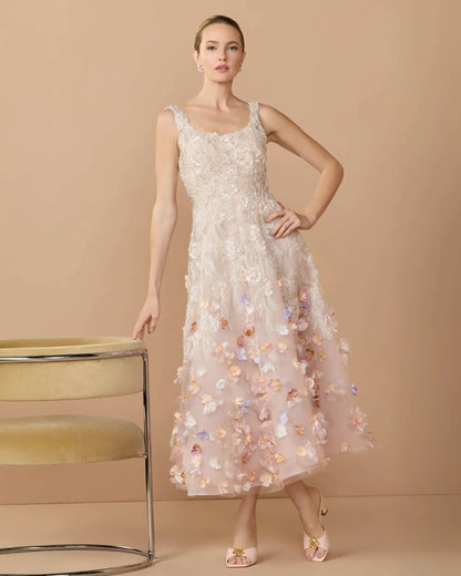 Pink Sleeveless Beaded Midi Dress With 3D Flowers
