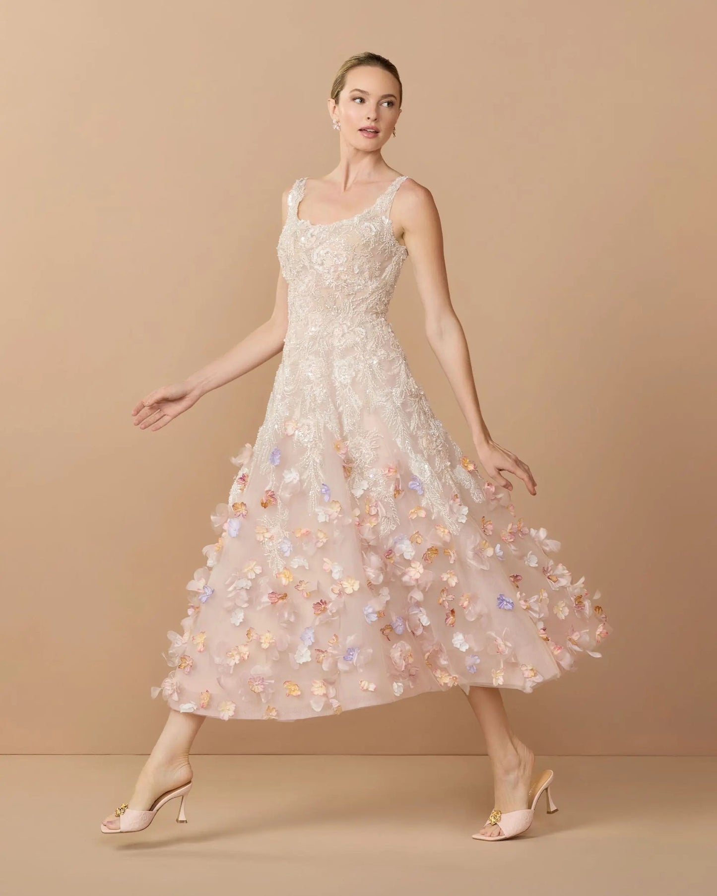 Pink Sleeveless Beaded Midi Dress With 3D Flowers