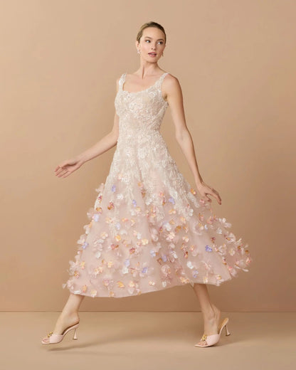 Pink Sleeveless Beaded Midi Dress With 3D Flowers