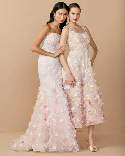 Pink Strapless Embellished Mermaid Gown With 3D Floral Hem