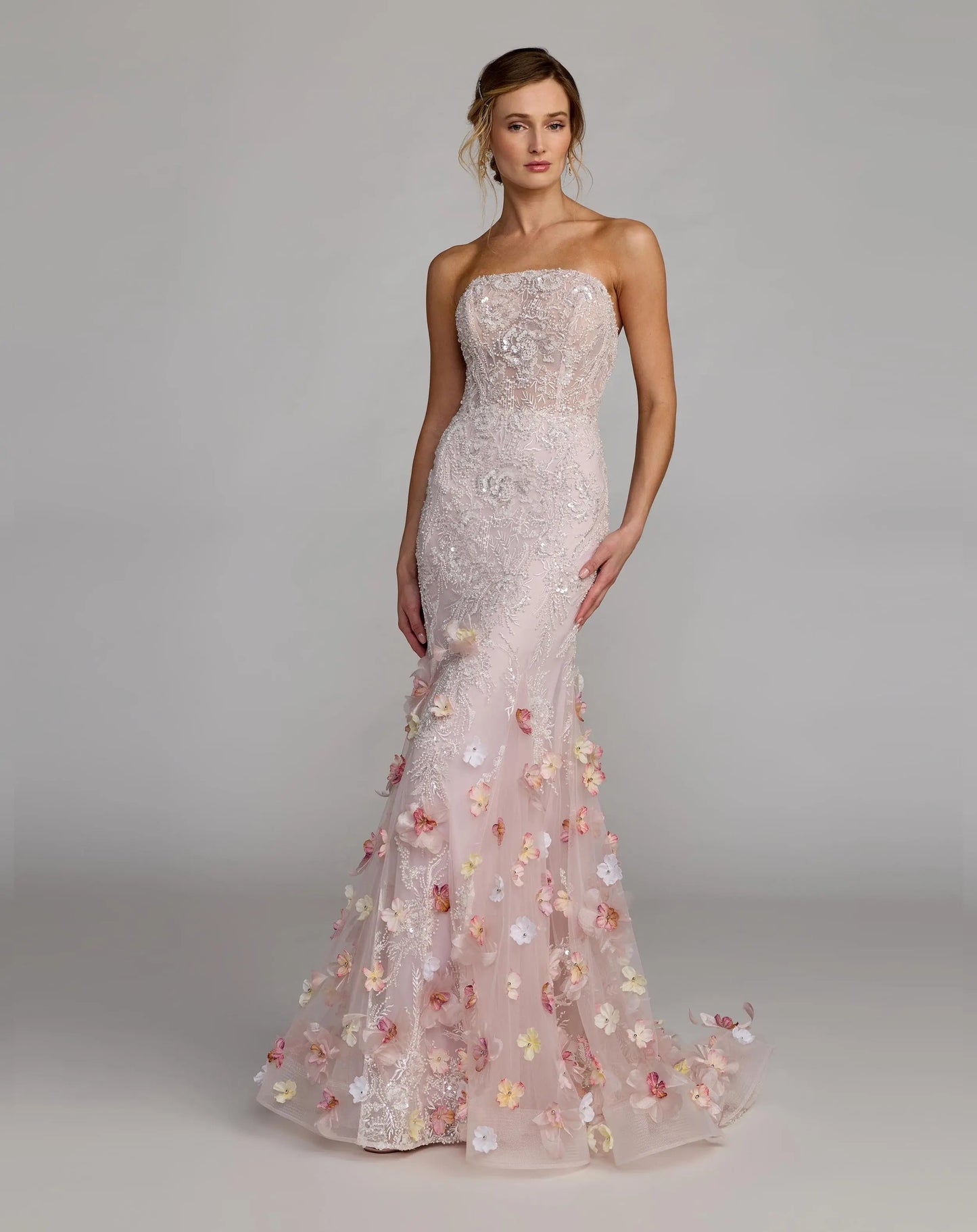 Pink Strapless Embellished Mermaid Gown With 3D Floral Hem