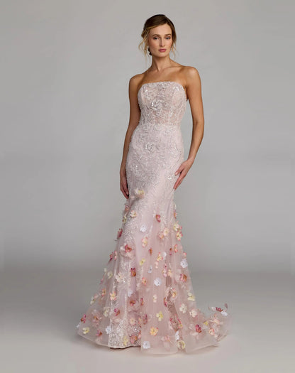 Pink Strapless Embellished Mermaid Gown With 3D Floral Hem