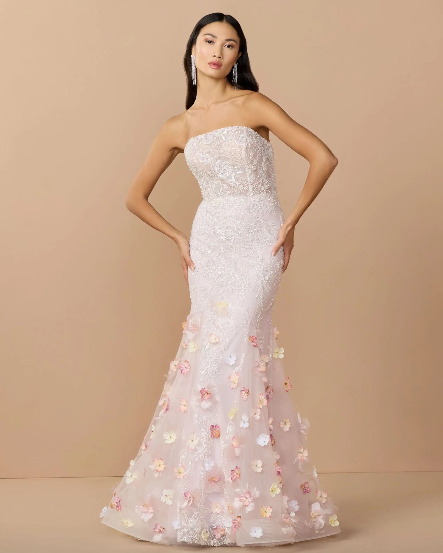 Pink Strapless Embellished Mermaid Gown With 3D Floral Hem