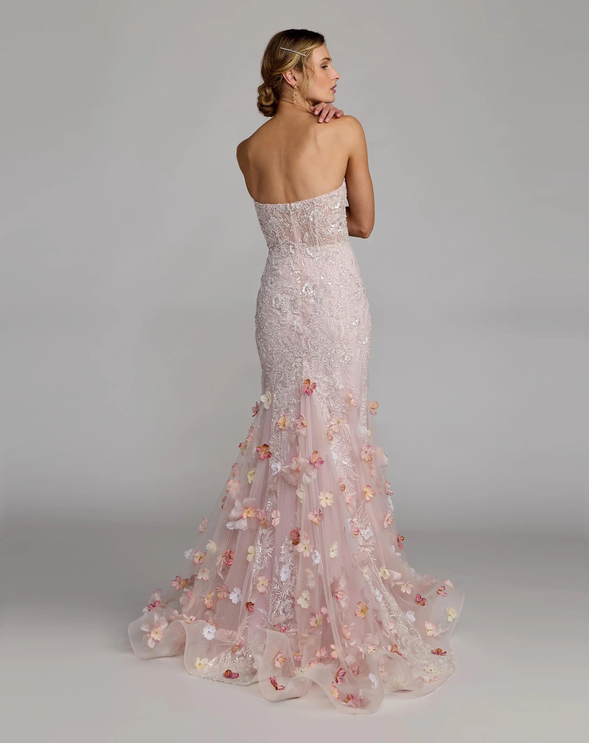 Pink Strapless Embellished Mermaid Gown With 3D Floral Hem