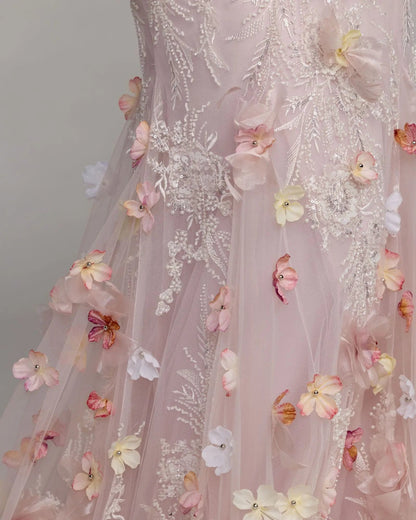 Pink Strapless Embellished Mermaid Gown With 3D Floral Hem