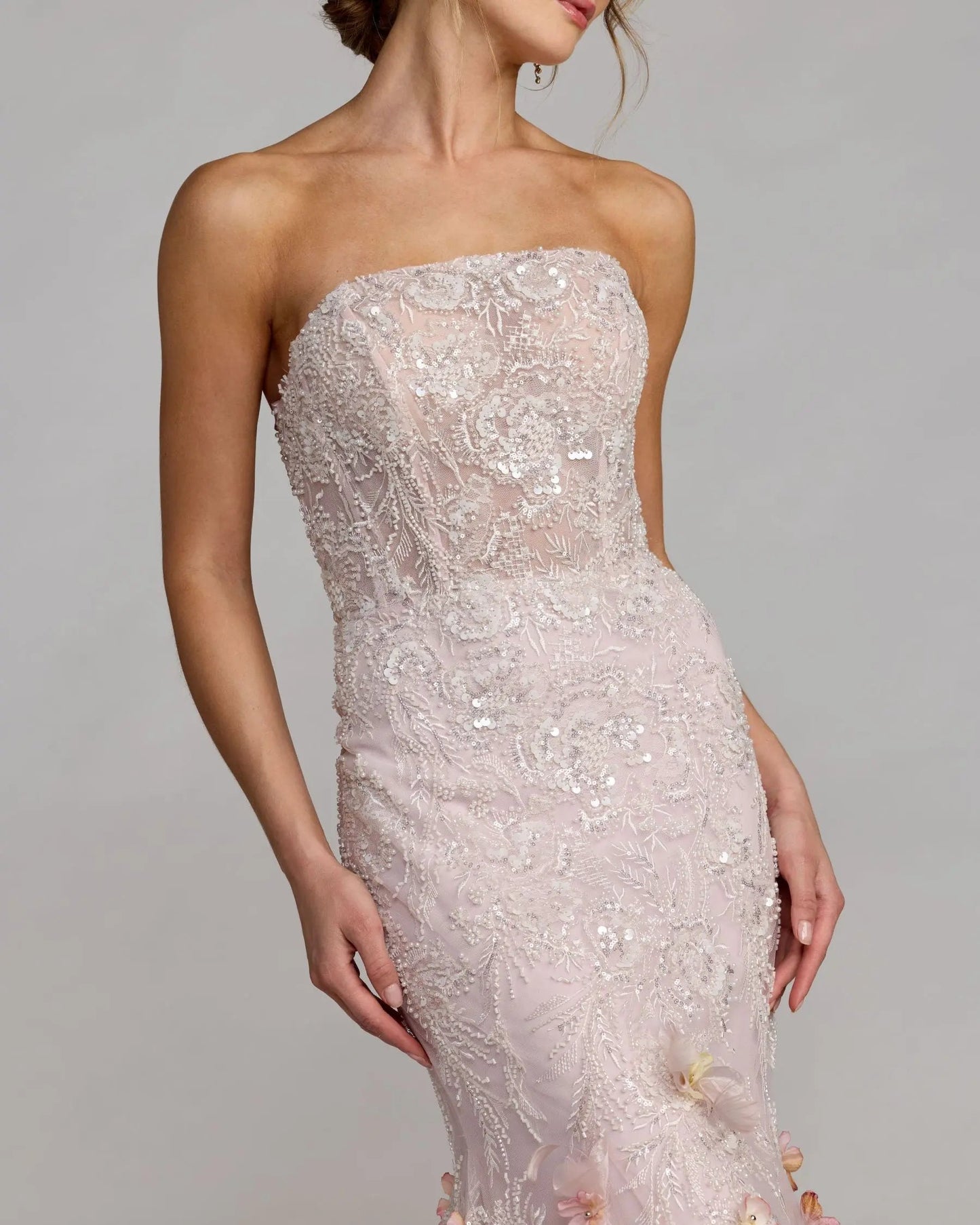 Pink Strapless Embellished Mermaid Gown With 3D Floral Hem