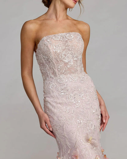 Pink Strapless Embellished Mermaid Gown With 3D Floral Hem