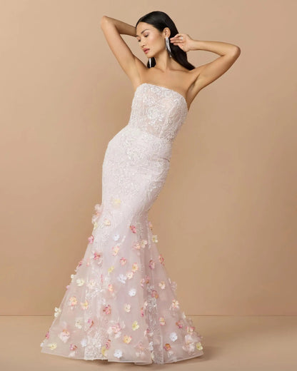 Pink Strapless Embellished Mermaid Gown With 3D Floral Hem