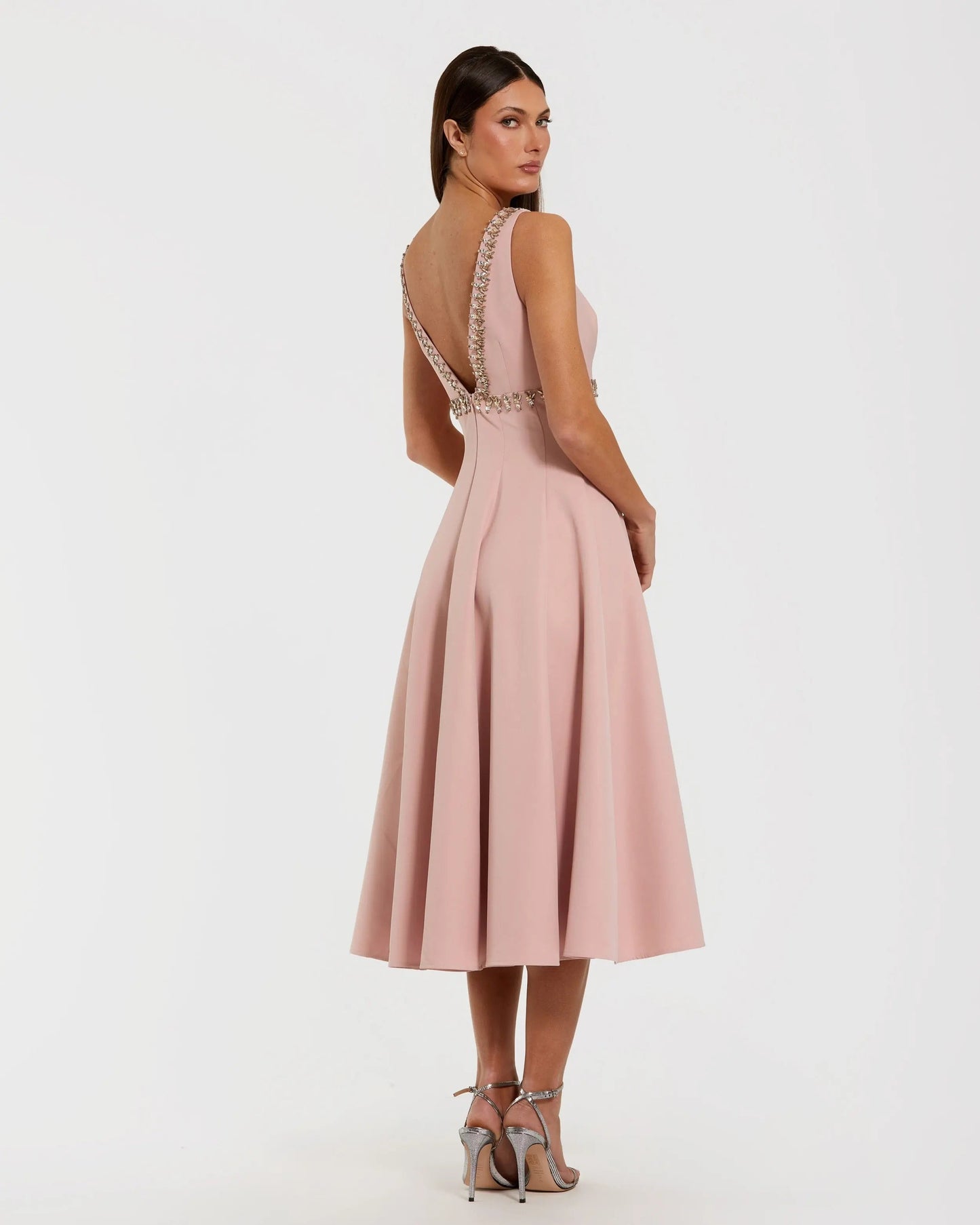 Pink Rhinestone Embellished Crepe A Line Midi Dress