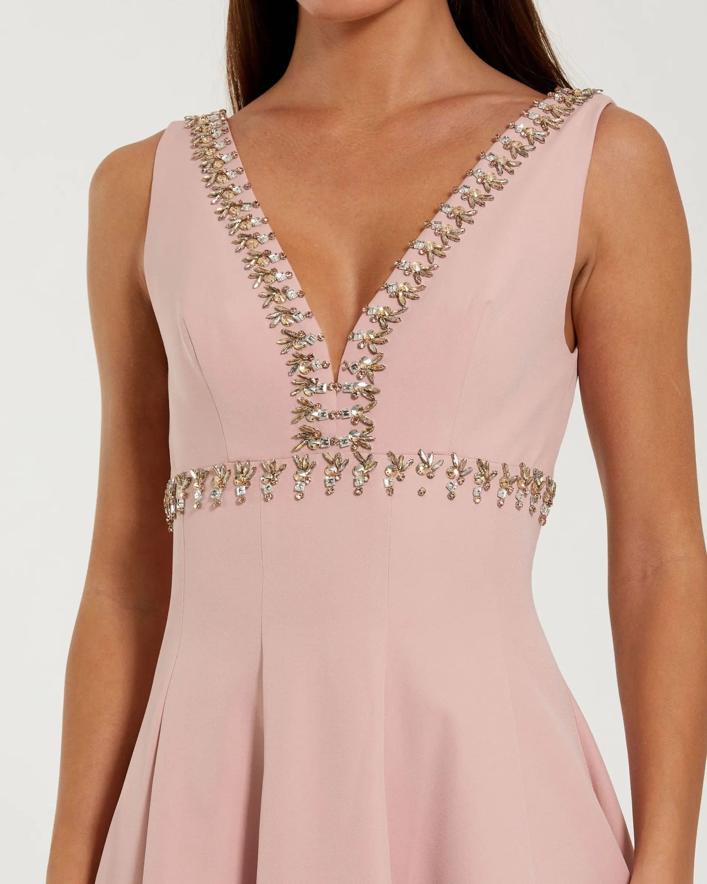Pink Rhinestone Embellished Crepe A Line Midi Dress