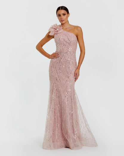 Pink One Shoulder Beaded Mermaid Gown With 3D Flower