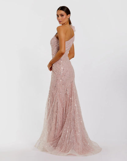 Pink One Shoulder Beaded Mermaid Gown With 3D Flower