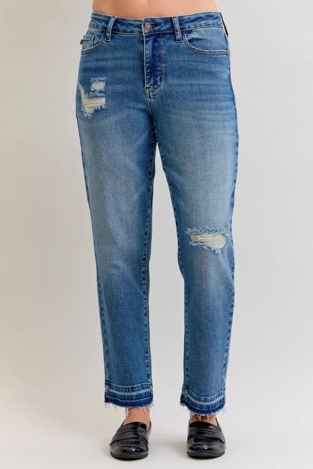Hazel Blues® | Judy Blue Mid Rise Bf Patch & Repair Destroy Release Hem Jeans