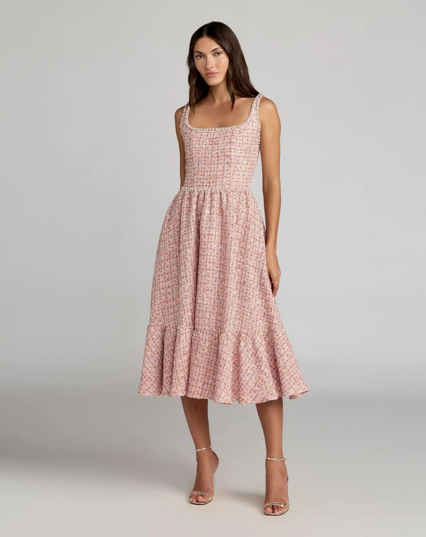 Pink Pearl Embellished Sleeveless Boucle Midi Dress