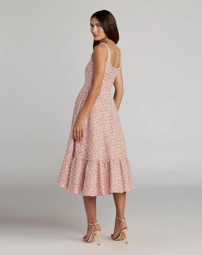 Pink Pearl Embellished Sleeveless Boucle Midi Dress