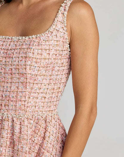 Pink Pearl Embellished Sleeveless Boucle Midi Dress