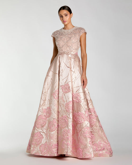 Pink Cap Sleeve Embellished Floral Brocade Ball Gown