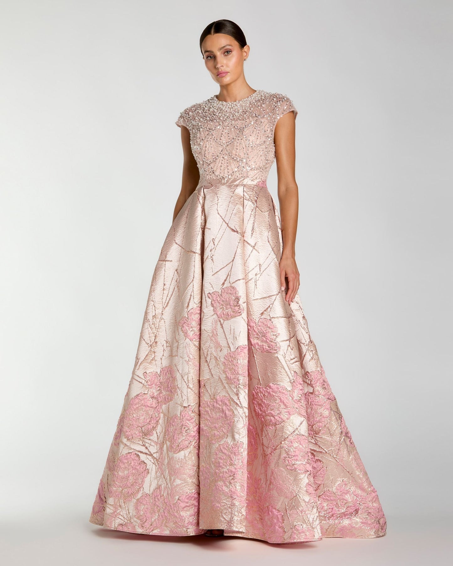 Pink Cap Sleeve Embellished Floral Brocade Ball Gown