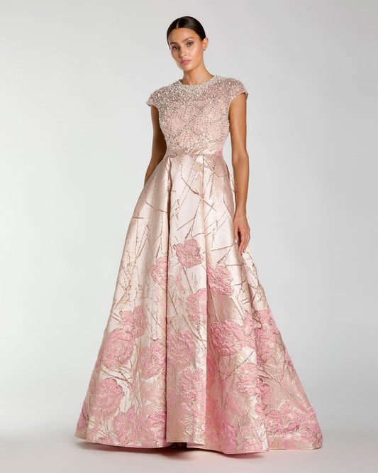 Pink Cap Sleeve Embellished Floral Brocade Ball Gown