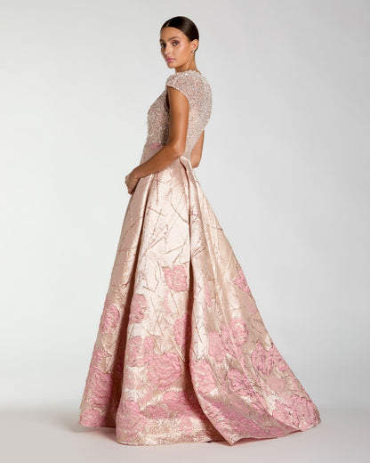 Pink Cap Sleeve Embellished Floral Brocade Ball Gown
