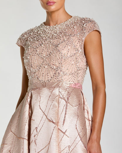 Pink Cap Sleeve Embellished Floral Brocade Ball Gown