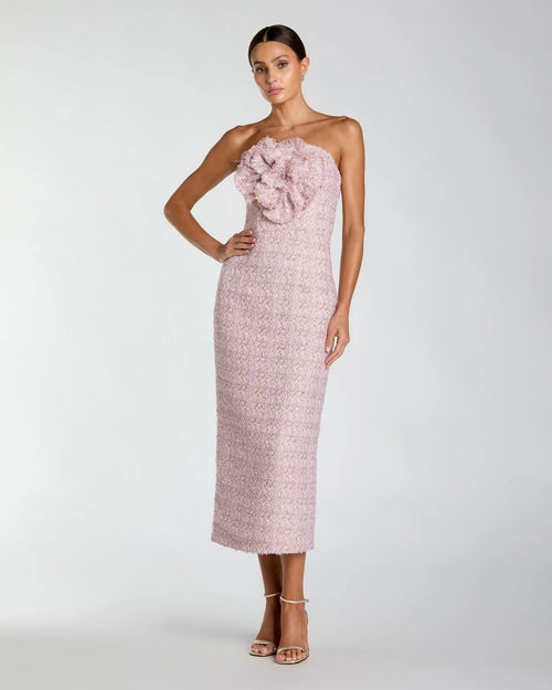 Pink Strapless Boucle Midi Dress With 3D Flower