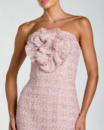Pink Strapless Boucle Midi Dress With 3D Flower