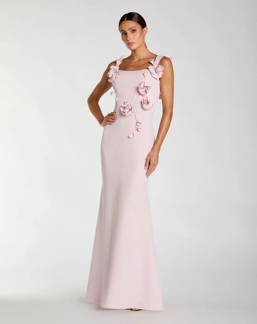 Pink Sleeveless Crepe Column Gown With Floral Detail