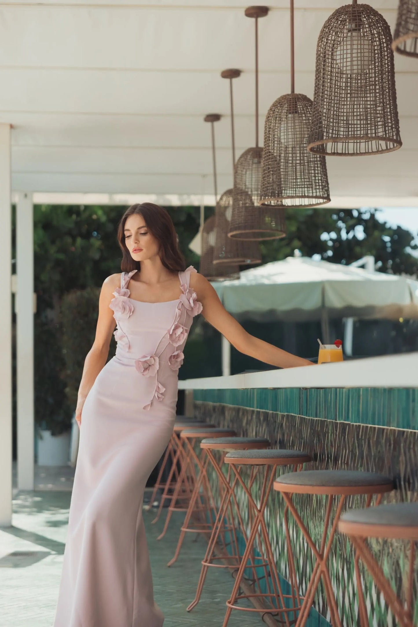 Pink Sleeveless Crepe Column Gown With Floral Detail