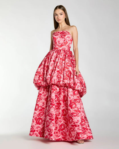 Pink Brocade Strapless Bubble Hem Ball Gown