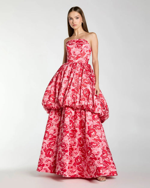 Pink Brocade Strapless Bubble Hem Ball Gown