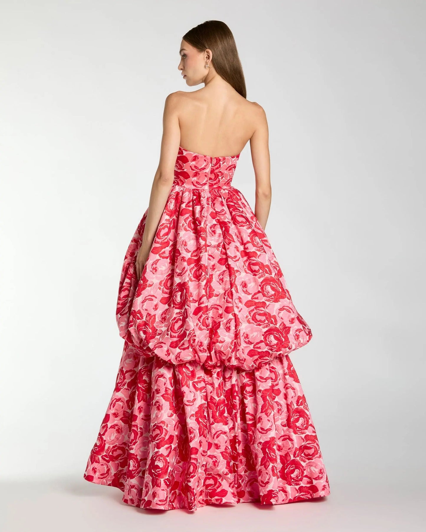 Pink Brocade Strapless Bubble Hem Ball Gown