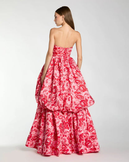 Pink Brocade Strapless Bubble Hem Ball Gown