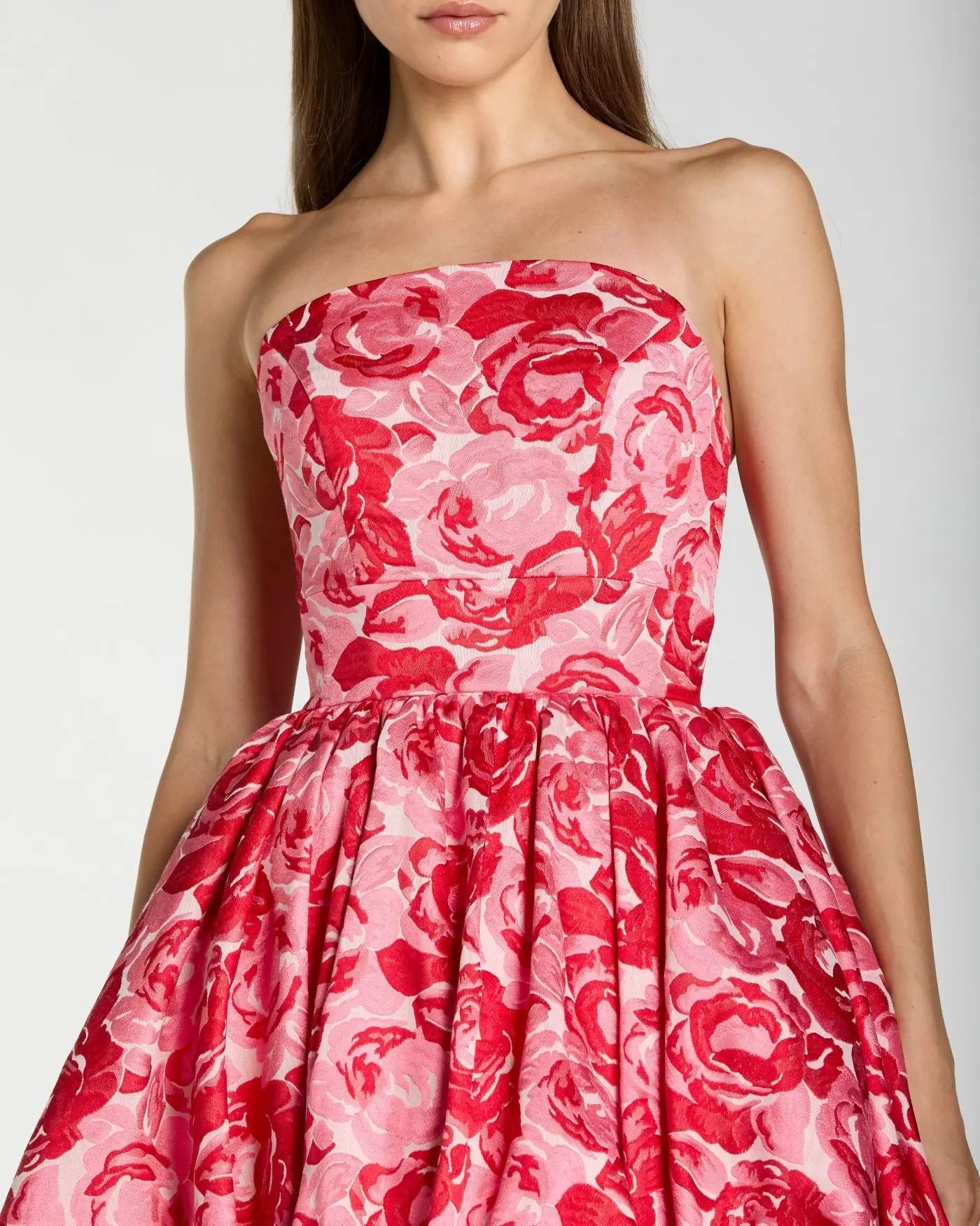 Pink Brocade Strapless Bubble Hem Ball Gown