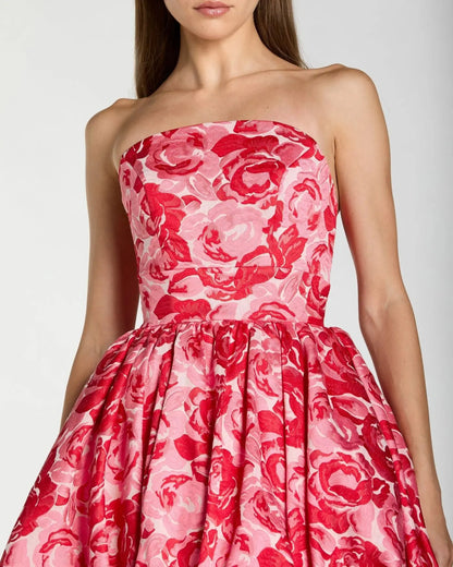 Pink Brocade Strapless Bubble Hem Ball Gown
