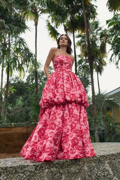 Pink Brocade Strapless Bubble Hem Ball Gown